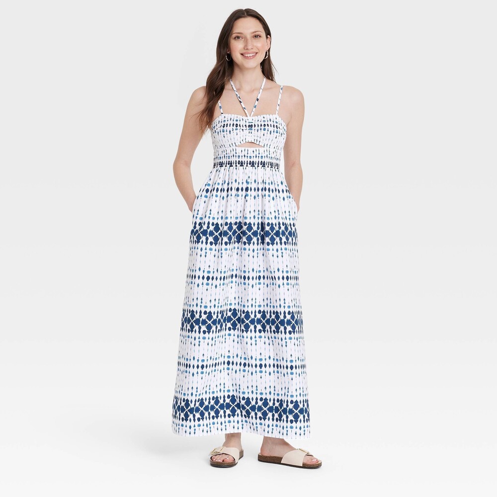 Smocked Cut-Out Maxi Sundress - Blue Floral M